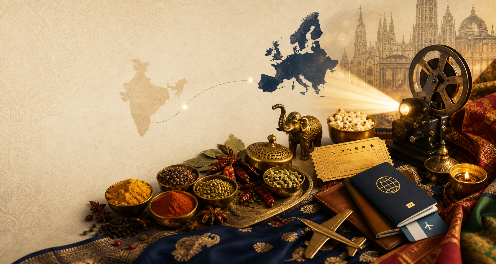 Editorial collage of Indian spices, textiles, cinema tickets, and India-Europe travel details